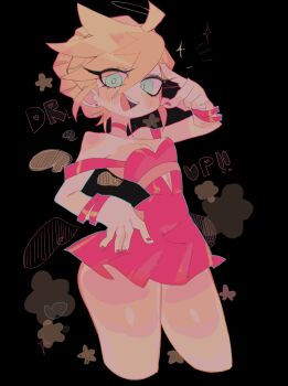 1girl :d \||/ ahoge ass_peek bare_shoulders black_background blonde_hair bracelet breasts bright_pupils choker cleavage commentary cropped_legs double-parted_bangs dress earrings english_commentary frilled_dress frills green_eyes hair_behind_ear hair_between_eyes hair_bun hand_on_own_hip heart highres jewelry looking_at_viewer nail_polish off-shoulder_dress off_shoulder open_mouth panty_&amp;_stocking_with_garterbelt panty_(psg) rectangular_pupils red_choker red_dress red_nails short_dress short_hair simple_background single_hair_bun small_breasts smile solo standing star_(symbol) star_symbol_background stud_earrings teeth tongue upper_teeth_only usa37107692 v v_over_eye white_pupils
