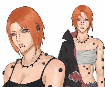 1girl akatsuki_uniform black_camisole bleeehrghw breasts camisole chest_sarashi cleavage collarbone commentary dirty dirty_face ear_piercing english_commentary eyes_visible_through_hair frown genderswap genderswap_(mtf) highres jewelry large_breasts medium_breasts naruto_(series) naruto_shippuuden necklace orange_hair pain_(naruto) parted_lips piercing purple_eyes ringed_eyes rinnegan sarashi shoulder_piercing signature torn_clothes torn_coat