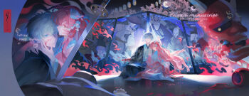 Rule 34 | 1boy, 1girl, absurdres, blood, blood on face, blue eyes, blue hair, bow, cherry blossoms, closed mouth, couple, death, expressionless, flower, full body, gojou satoru, hair bow, happy birthday, hetero, highres, japanese clothes, jujutsu kaisen, kimono, lantern, long hair, long sleeves, looking at another, looking at viewer, mask, night, oc x canon, oni mask, original, pink flower, pink hair, pink kimono, profile, short hair, sitting, sky, socks, sword, tree, very long hair, weapon, white socks, wide sleeves, yellow eyes, zi