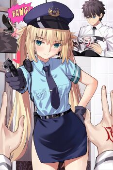 1boy 1girl absurdres artoria_caster_(fate) artoria_pendragon_(fate) black_hair blonde_hair blue_eyes blue_shirt blush breasts chaldea_logo chaldea_master_uniform commentary english_commentary fate/grand_order fate_(series) fujimaru_ritsuka_(male) gloves green_eyes gun hat highres long_hair longdq3008 looking_at_viewer necktie pencil_skirt police police_hat police_uniform policewoman shirt skirt small_breasts smile twintails weapon