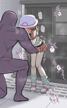 1boy 1girl absurdres age_difference blush brown_eyes brown_hair clothed_female_nude_male colored_skin completely_nude dark-skinned_male dark_skin fingering green_socks hat heart hetero highres japanese_text leaf_(pokemon) leaning_forward loli long_hair looking_at_another matching_hair/eyes miniskirt muscular muscular_male nintendo nude paid_reward_available poke_ball_print pokemon pokemon_frlg purple_skin red_skirt shoes skirt socks standing togeimeizin trembling white_hat