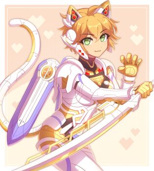 animal_ears blonde_hair breasts cat_ears cat_tail claw_pose closed_mouth commentary cowboy_shot cyborg enni fiora_(xenoblade) green_eyes hair_between_eyes highres holding holding_sword holding_weapon looking_at_viewer mecha-fiora mechanical_tail medium_breasts short_hair smile sword symbol-only_commentary tail weapon xenoblade_chronicles_(series) xenoblade_chronicles_1