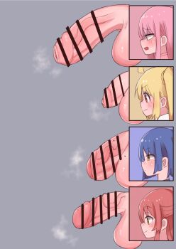 4futa bar_censor blue_hair bocchi_the_rock! censored chart closed_mouth flaccid futanari gotoh_hitori highres ijichi_nijika kita_ikuyo large_penis medium_penis mole mole_on_penis mole_on_testicle mole_under_eye multiple_futa penis penis_chart penis_comparison penis_size_comparison penis_size_difference short_hair size_comparison small_penis testicles yamada_ryo zkky2nd