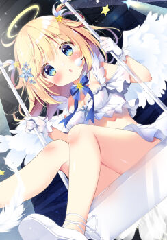 1girl angel angel_day angel_wings bare_shoulders blonde_hair blue_bow blue_eyes blush bow breasts commentary_request dutch_angle feathered_wings feathers gloves halo hands_up looking_at_viewer medium_breasts on_swing original pan_(mimi) parted_lips shoe_soles shoes sitting solo star_(symbol) swing white_feathers white_gloves white_shoes white_wings wings