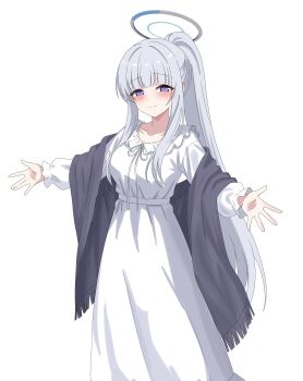 1girl absurdres black_shawl blue_archive blush breasts choon_sik2 commentary_request dress frilled_pajamas frills grey_hair halo highres korean_commentary large_breasts long_hair long_sleeves looking_at_viewer mechanical_halo nightgown nightshirt noa_(blue_archive) noa_(pajamas)_(blue_archive) official_alternate_costume outstretched_arms pajamas ponytail purple_eyes shawl simple_background sleepwear smile solo very_long_hair white_background white_dress white_halo white_nightgown white_pajamas