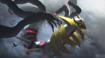 absurdres asteroid_ill bad_id bad_twitter_id cloud dragapult flying fog gen_4_pokemon gen_8_pokemon giratina giratina_(origin) highres legendary_pokemon mythical_pokemon nintendo no_humans pillar pokemon pokemon_(creature) red_eyes
