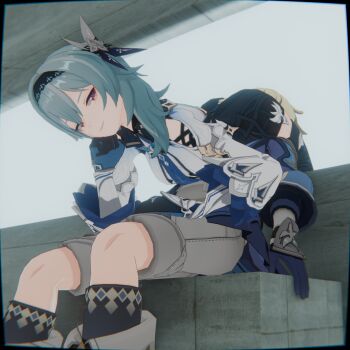 1boy 1boy1girls 1girl ass assertive_female b-banto blonde_hair blue_background blue_gloves blue_hair clothing_cutout day eula_(genshin_impact) face_in_ass femdom genshin_impact gloves hair_between_eyes hair_ornament hairband hand_on_another&#039;s_thigh hand_on_own_face head_between_thighs headscissor long_sleeves mika_(genshin_impact) orange_eyes reverse_ryona scissorhold shoulder_cutout smile smother wide_sleeves