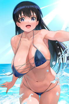 1girl :d a1_(initial-g) arato_nagi bikini black_hair blue_bikini blue_sky bouncing_breasts breasts cleavage commentary_request day highres huge_breasts large_breasts long_hair navel ocean open_mouth revision ruri_no_houseki sky smile solo standing stomach swimsuit thick_thighs thighs tongue very_long_hair