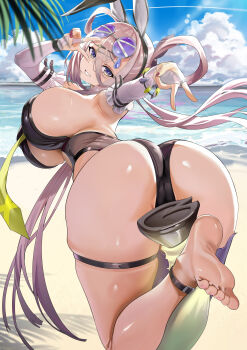 1girl absurdres animal_ears ass bare_shoulders barefoot beach black_one-piece_swimsuit blue_sky blush breasts bridal_gauntlets detached_sleeves eyewear_on_head fake_animal_ears fate/grand_order fate_(series) green_necktie grey_hair grin highleg highleg_one-piece_swimsuit highres huyan_zhuo_(fate) huyan_zhuo_(swimsuit_berserker)_(fate) large_breasts long_hair looking_at_viewer low_twintails necktie one-piece_swimsuit purple_eyes qianshui_baodan shore sideboob sky smile solo sunglasses swimsuit thigh_strap twintails