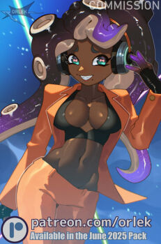 1girl black_hair breasts crop_top dark-skinned_female dark_skin fingerless_gloves gloves green_eyes jacket large_breasts long_sleeves marina_(damp_socks_feat._off_the_hook)_(splatoon) marina_(splatoon) midriff nintendo open_clothes open_jacket orlek pants splatoon_(series) splatoon_3 teeth tentacle_hair twintails