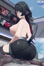 1girl animal_ears animated artist_name ass ass_shake audible_music back blunt_bangs bouncing_ass bouncing_breasts breasts denim denim_shorts ear_piercing garter_straps goonduude gradient_hair green_eyes huge_ass huge_breasts jane_doe_(zenless_zone_zero) jiggle large_breasts long_hair looking_at_viewer looking_back mouse_ears mouse_girl mouse_tail multicolored_hair music nipples piercing pocket red_hair short_shorts shorts sitting solo sound tail thick_thighs thighs topless_female twerking video wariza zenless_zone_zero
