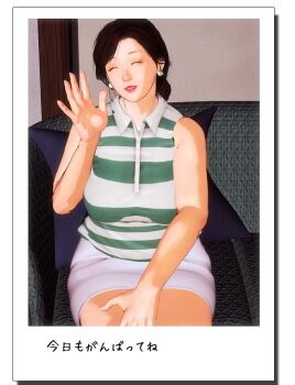 1girl black_hair breasts closed_eyes collared_shirt earrings hand_up jewelry kill_the_king large_breasts mature_female plump shirt sitting skirt sleeveless sleeveless_shirt smile solo striped striped_clothes striped_shirt waving white_skirt