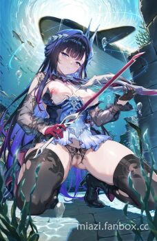 1girl ankle_boots artist_name asymmetrical_gloves black_gloves black_hair black_thighhighs blue_eyes boots breasts censored commentary_request dress female_pubic_hair gloves hair_ornament half_gloves highres holding honkai:_star_rail honkai_(series) hysilens_(honkai:_star_rail) large_breasts long_hair looking_at_viewer miazi mismatched_gloves mosaic_censoring multicolored_hair nipples parted_lips pubic_hair pussy red_gloves solo thighhighs underwater very_long_hair watermark web_address whale