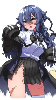 1girl 2channel bandaid bandaid_on_cheek bandaid_on_face black_bow black_jacket black_skirt blue_eyes blue_hair blush bow braid breasts collared_shirt commentary_request cowboy_shot fuya_rokuya hair_between_eyes hair_bow highres indie_virtual_youtuber jacket long_bangs long_hair looking_at_viewer medium_breasts open_mouth pleated_skirt s_ibane shirt simple_background skirt sleeves_past_fingers sleeves_past_wrists smile solo stitches torn_clothes torn_skirt twin_braids virtual_youtuber white_background white_shirt yakiu_no_oniichan