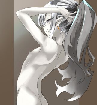 1boy arms_up ass brown_background completely_nude earrings esupu jewelry long_hair looking_at_viewer nipples nude original petrification pointy_ears ponytail smile solo statue trap