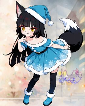 1boy :3 absurdres animal_ears bare_shoulders belt black_choker black_hair black_thighhighs blue_boots blue_dress blue_hat boots choker christmas commentary_request dress fox_boy fox_ears fox_tail full_body fur-trimmed_boots fur-trimmed_dress fur-trimmed_headwear fur_trim hat highres indie_virtual_youtuber itsuki_tsukumo_(artist) itsuki_tsukumo_(vtuber) leaning_forward long_hair looking_at_viewer off-shoulder_dress off_shoulder puffy_short_sleeves puffy_sleeves santa_costume santa_dress santa_hat short_sleeves smile snowflake_print tail thighhighs trap virtual_youtuber yellow_eyes