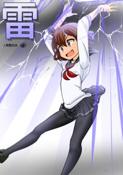 ahoge anchor_symbol brown_eyes brown_hair character_name fang genki_dama hair_ornament hairclip ikazuchi_(kancolle) kantai_collection lightning long_sleeves neckerchief pantyhose pleated_skirt red_neckerchief school_uniform serafuku short_hair simple_background skirt tsukino_murakumo