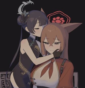 2girls animal_ears black_dress black_gloves black_hair blue_archive blush breasts brown_hair butterfly_hair_ornament china_dress chinese_clothes closed_mouth commentary_request crossed_bangs dragon_print dress fox_ears gloves grey_halo hair_between_eyes hair_bun hair_ornament halo highres holster kisaki_(blue_archive) kissing_head large_breasts light_smile long_hair looking_down mephimephi multiple_girls neckerchief purple_eyes red_halo red_neckerchief red_shirt rumi_(blue_archive) shirt shoulder_holster sleeveless sleeveless_dress yuri