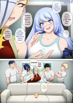 2girls 5boys amajiki_tamaki bare_shoulders blonde_hair blue_eyes blue_hair blush boku_no_hero_academia breasts casting_couch china_dress chinese_clothes couch crossed_arms dress glasses green_hair hado_nejire iida_tenya large_breasts long_hair looking_at_viewer meme midoriya_izuku multiple_boys multiple_girls neocoill open_mouth piper_perri_surrounded_(meme) purple_hair red_dress ryuukyuu scene_reference shirt short_hair smile surrounded togata_mirio white_shirt