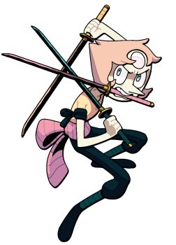 1girl alternate_costume cosplay discount-supervillain forehead_jewel gem gem_(steven_universe) highres holding mouth_hold one_piece pearl_(species)_(steven_universe) pearl_(steven_universe) pointy_nose roronoa_zoro roronoa_zoro_(cosplay) shirt short_hair solo steven_universe sword teeth_hold triple_wielding weapon weapon_in_mouth