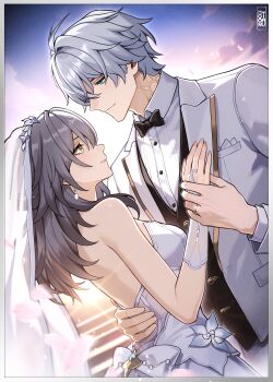 1boy 1girl absurdres alternate_costume antenna_hair arm_around_waist bare_shoulders black_bow black_bowtie black_vest blue_eyes bow bowtie breasts bridal_gauntlets bridal_veil bride closed_mouth collared_shirt commentary couple dress dress_flower earrings english_commentary falling_petals flower grey_hair groom hand_on_another&#039;s_back hand_on_another&#039;s_chest hetero highres holding_hands honkai:_star_rail honkai_(series) jacket jewelry light_smile long_hair looking_at_another medium_breasts moonimu_art neck_tattoo outdoors pearl_earrings petals phainon_(honkai:_star_rail) ring shirt short_hair stelle_(honkai:_star_rail) strapless strapless_dress sunrise tattoo trailblazer_(honkai:_star_rail) upper_body veil vest wedding_dress wedding_ring white_dress white_jacket white_shirt yellow_eyes