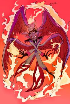 1boy angel angel_wings blonde_hair commentary_request demon_boy demon_horns formal_clothes hair_slicked_back hashtag-only_commentary hazbin_hotel hellaverse hiden_song highres horns lucifer_morningstar_(hazbin_hotel) male_focus sharp_teeth slit_pupils solo suit teeth wings