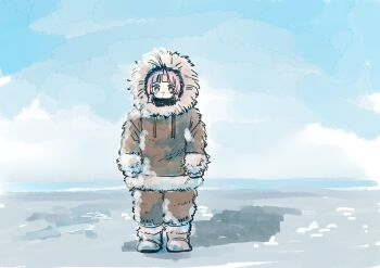 Rule 34 | 1girl, blue sky, blunt bangs, blush, boots, brown eyes, brown hoodie, brown pants, commentary request, day, full body, fur-trimmed boots, fur-trimmed hood, fur-trimmed hoodie, fur-trimmed pants, fur hoodie, fur pants, fur trim, grey boots, highres, hood, hoodie, looking at viewer, love live!, love live! nijigasaki high school idol club, outdoors, pants, pink hair, sketch background, sky, solllolll, solo, standing, tennoji rina