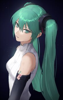 1girl bare_shoulders breasts green_eyes green_hair hatsune_miku hatsune_miku_(append) highres kouzuki_kei long_hair looking_at_viewer parted_lips sky sleeveless small_breasts solo star_(sky) starry_sky twintails upper_body very_long_hair vocaloid vocaloid_append