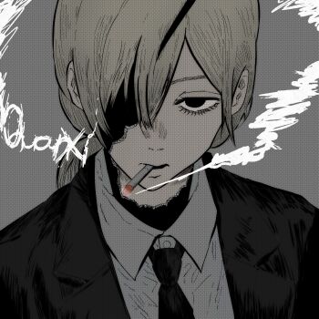 Rule 34 | 1girl, black eyes, black jacket, black necktie, black suit, chainsaw man, character name, cigarette, commentary, expressionless, eyelashes, eyepatch, formal clothes, grey hair, highres, isuke (isuke now), jacket, loose necktie, necktie, ponytail, portrait, quanxi (chainsaw man), smoke, smoking, solo, suit, turtleneck