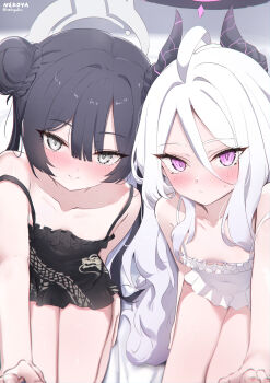 2girls absurdres black_hair blue_archive blush commentary_request double_bun grey_eyes hair_bun halo highres hina_(blue_archive) horns kisaki_(blue_archive) long_hair looking_at_viewer multiple_girls nekoya_(liu) paid_reward_available purple_eyes white_hair