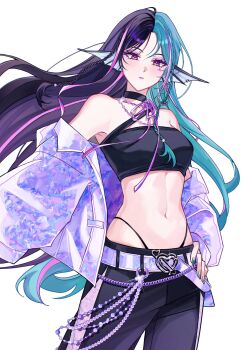 1girl aqua_hair armpits bare_shoulders black_hair blush braid breasts cowboy_shot expressionless finana_ryugu fins glint hashtag-only_commentary head_fins hhab_thembede highres jacket jewelry linea_alba long_hair looking_at_viewer medium_breasts navel necklace nijisanji nijisanji_en off_shoulder panty_straps purple_eyes purple_hair simple_background solo stomach virtual_youtuber white_background