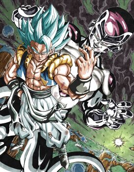 Rule 34 | 2boys, absurdres, black frieza, black skin, blue eyes, blue hair, blue vest, breakintheh, closed mouth, colored skin, commentary, dragon ball, dragon ball super, dragon ball super broly, english commentary, frieza, full body, gogeta, highres, male focus, metamoran vest, multiple boys, muscular, muscular male, no shirt, pants, parted lips, smirk, spiked hair, super saiyan, super saiyan blue, vest, white pants