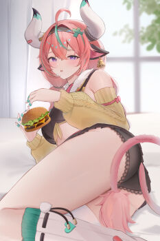 1girl absurdres ahoge animal_ears ass asymmetrical_legwear bandaid bandaid_on_finger bandaid_on_hand bandaid_on_horn black_panties black_skirt breasts burger cow_ears cow_horns cow_tail ear_bell food genshin_impact green_hair highres holding holding_burger holding_food horns long_sleeves miniskirt momokochiiyo multicolored_hair panties pink_hair pleated_skirt purple_eyes skirt solo streaked_hair tail thighhighs thighs twitter_username underwear varesa_(genshin_impact) white_horns white_thighhighs