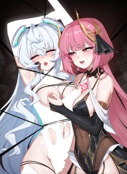 2girls absurdres ahoge armpit_crease armpits arms_up bdsm belly black_background black_leotard black_thighhighs blue_hair blush bondage boots bound bound_arms bound_legs bound_torso breasts breasts_out breath chest_tattoo cleavage clenched_teeth closed_eyes clothes_disappearing clothing_cutout collared_leotard counter:side covered_navel crest crossed_bangs dark_background detached_collar detached_sleeves disappearing_clothes drooling elbow_gloves female_focus fingerless_gloves garter_straps gloves glowing_clothes gold gold_trim grabbing_another&#039;s_breast grabbing_another&#039;s_nipples groping groping_breast hair_between_eyes hair_ornament hair_ribbon highleg highleg_leotard highres horizon_(counter:side) large_breasts legs legs_together leotard lewd_crest long_hair looking_at_another looking_to_the_side molestation multiple_girls navel nipple_stimulation nipples one_breast_out open_mouth p03145 partially_fingerless_gloves pelvic_curtain pink_hair red_background red_eyes restrained revealing_clothes ribbon saliva saliva_trail seductive_gaze seductive_smile see-through_clothes see-through_leotard shena_(counter:side) sidelocks simple_background skin_tight skindentation smile steam steaming_body sweat sweatdrop tattoo teeth thigh_boots thighhighs thighs tongue torn_clothes torn_leotard very_long_hair white_leotard white_thighhighs wince yuri
