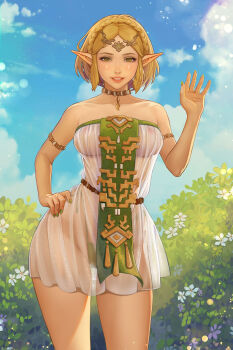 1girl armband bare_shoulders bikini blonde_hair braid breasts bush cameltoe collarbone day dress elf facing_viewer female_focus from_front hand_on_own_hip highres hourglass jewelry long_ears looking_at_viewer medium_breasts nail_polish necklace nintendo nipples no_bra outdoors panties parted_lips pointy_ears princess princess_zelda prywinko see-through_clothes see-through_dress short_hair side-tie_bikini_bottom solo standing string_bikini string_panties swimsuit teeth the_legend_of_zelda the_legend_of_zelda:_breath_of_the_wild thick_thighs thigh_gap thighs third-party_edit tiara underboob underwear upper_teeth_only waving wide_hips yellow_eyes