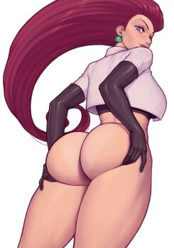 1girl ass ass_focus asura_(asurauser) blouse blue_eyes bottomless earrings elbow_gloves from_behind gloves grabbing_own_ass highres jessie_(pokemon) jewelry long_hair looking_back mature_female nintendo no_panties pokemon pokemon_(anime) pokemon_(classic_anime) red_hair shirt simple_background solo team_rocket team_rocket_uniform thighs white_background white_shirt