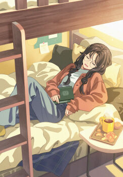 1girl absurdres bed bf._(sogogiching) book bunk_bed cardigan closed_eyes cup food fruit glasses highres indoors long_hair lying mandarin_orange mug on_back open_cardigan open_clothes open_mouth original pillow sleeping solo
