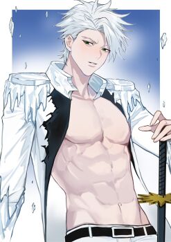 1boy abs bankai belt black_belt bleach bleach:_sennen_kessen-hen coat collarbone commission daiguren_hyourinmaru_(bankai) epaulettes green_eyes guozhi_(artist) hashtag-only_commentary highres hip_bones hitsugaya_toushirou hitsugaya_toushirou_(adult) ice male_focus no_shirt open_clothes open_coat pectorals second-party_source solo sword toned toned_male upper_body wandenreich_uniform weapon white_coat white_hair zanpakutou