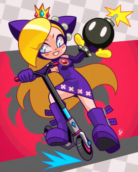 1girl blonde_hair blue_eyes bomb boots closed_mouth commentary_request crown dress elbow_gloves explosive gloves hat highres holding holding_bomb long_hair looking_at_viewer louis_lloyd-judson mario_(series) motor_vehicle nintendo purple_boots purple_dress purple_gloves purple_hat scooter smile solo very_long_hair warupeach