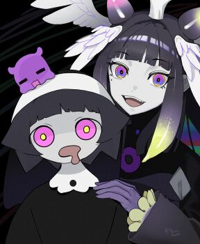 Rule 34 | 2girls, :d, absurdres, black background, black hair, blonde hair, blunt bangs, commentary, drooling, gloves, gradient hair, head wings, highres, hololive, hololive english, long sleeves, looking at viewer, mouth drool, multicolored hair, multiple girls, ninomae ina'nis, open mouth, purple eyes, purple gloves, smile, tako takover (ninomae ina'nis), takodachi (ninomae ina'nis), tentacle hair, virtual youtuber, wings, younhand