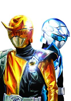 2boys 4ze_meteor absurdres beet_buster black_bodysuit blue_bodysuit blue_helmet bodysuit gold_helmet helmet highres male_focus multiple_boys simple_background stag_buster super_sentai tokumei_sentai_go-busters tokusatsu upper_body white_background yellow_bodysuit