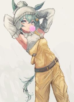 1girl animal_ears arms_behind_head beanie belt blowing_bubble_gum blue_eyes breasts chewing_gum closed_mouth commentary_request detached_sleeves ears_through_headwear flower grey_hair hair_between_eyes hair_flower hair_ornament hairclip hat horse_ears horse_girl horse_tail looking_at_viewer overalls pants pom_pom_(clothes) seiun_sky_(umamusume) shirt short_hair simple_background sleeveless sleeveless_shirt small_breasts solo sunflower sunflower_hair_ornament tail umamusume white_shirt white_sleeves yanagi_wakana yellow_overalls yellow_pants