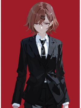1girl black_jacket black_necktie black_pants black_suit brown_eyes brown_hair closed_mouth cobwvmeti collared_shirt cowboy_shot dress_shirt formal_clothes hair_ornament hairclip hashtag-only_commentary highres higuchi_madoka idolmaster idolmaster_shiny_colors jacket lapels long_sleeves looking_at_viewer mole mole_under_eye necktie notched_lapels pants parallel_hairclips parted_bangs pillarboxed red_background shirt short_hair simple_background solo standing suit suit_jacket tie_clip white_shirt