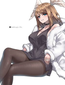 1girl black_dress black_pantyhose blue_eyes breasts brown_hair cleavage crossed_legs dress eunie_(xenoblade) head_wings highres jacket large_breasts pantyhose parted_lips riro_(breakthrough_rr) simple_background sitting smile solo white_background white_jacket wings xenoblade_chronicles_(series) xenoblade_chronicles_3