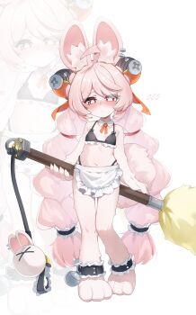 1girl animal_ears apron bikini black_bikini blush cocokawa_(cjsj8353) commentary flat_chest furry furry_female highres long_hair maid maid_bikini pink_eyes pink_hair rabbit_ears swimsuit symbol-only_commentary unconventional_maid white_apron zenless_zone_zero zhao_(zenless_zone_zero) zoom_layer