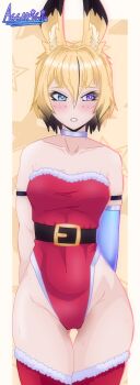 animal_ears assarigi belt blonde_hair blue_eyes choker christmas colored_skin elyra_(assarigi) heterochromia highres leotard multicolored_eyes multicolored_hair nervous_sweating nontraditional_playboy_bunny original prosthesis prosthetic_arm purple_eyes rabbit_ears rabbit_girl santa_costume sweat thighs white_choker white_skin