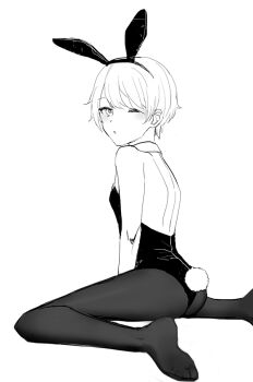 1boy animal_ear_hairband animal_ears ass back bare_back bare_shoulders barefoot commentary_request crossdressing crossdressing_(mtf) detached_collar fake_animal_ears foot_out_of_frame from_behind hairband leotard looking_at_viewer male_focus male_playboy_bunny monochrome nontraditional_playboy_bunny one_eye_closed original pantyhose parted_lips partial_commentary purple_hair_boy_(sunaba_(nczd5875)) rabbit_ear_hairband rabbit_ears rabbit_tail short_hair simple_background sitting sketch solo sunaba_(nczd5875) tail trap wariza white_background
