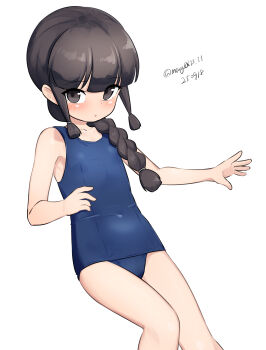 Rule 34 | 1girl, absurdres, aged down, black eyes, black hair, blue one-piece swimsuit, blunt bangs, braid, commentary request, covered navel, dated, feet out of frame, highres, kantai collection, kitakami (kancolle), long hair, maru (marg0613), old school swimsuit, one-hour drawing challenge, one-piece swimsuit, school swimsuit, sidelocks, simple background, single braid, solo, swimsuit, twitter username, white background