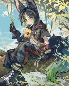 1boy animal_ear_fluff animal_ears black_boots black_gloves black_hair black_hoodie black_pants boots bright_pupils closed_mouth commentary_request day double-parted_bangs fox_boy fox_ears fox_tail full_body genshin_impact gloves green_eyes green_hair hair_between_eyes harukui highres hood hood_down hoodie looking_at_viewer male_focus multicolored_hair outdoors pants short_hair short_sleeves sitting solo tail tighnari_(genshin_impact) two-tone_hair white_pupils