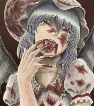 1girl absurdres bat_wings blood blood_from_mouth blood_on_clothes blood_on_hands blood_on_tongue collared_shirt frilled_sleeves frills full_moon hair_between_eyes hands_on_feet hat highres licking licking_finger moon pandemonicka puffy_short_sleeves puffy_sleeves purple_hair red_eyes red_skirt remilia_scarlet shirt short_hair short_sleeves skirt solo touhou white_shirt wings witch_hat